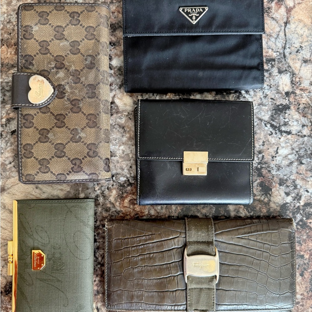 5 Wallet Bundle: 2 Gucci, 1 Prada, 1 Ferragamo, 1 Nina Ricci